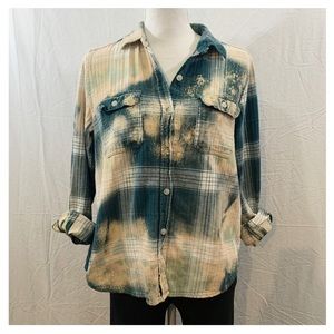 Forest green plaid hand bleached flannel shirt